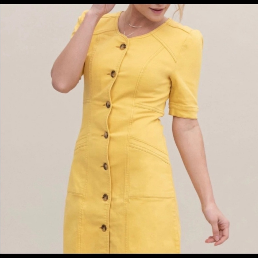 DownEast Jennika Yellow Jean Dress XXL Button Front V Neck Casual Chic Pockets - Picture 8 of 8